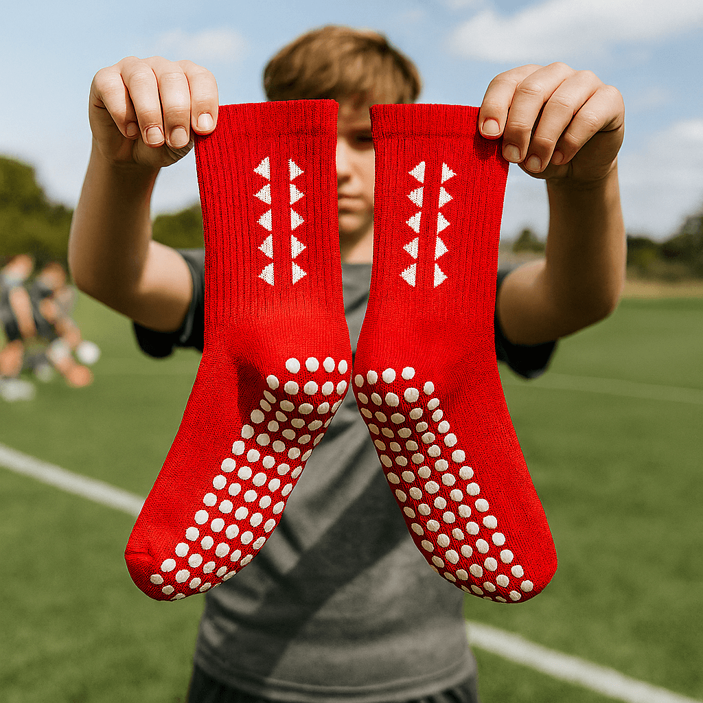10-year-old soccer boy holding a pair of Kickaroo grip socks with both hands, facing the camera for display.