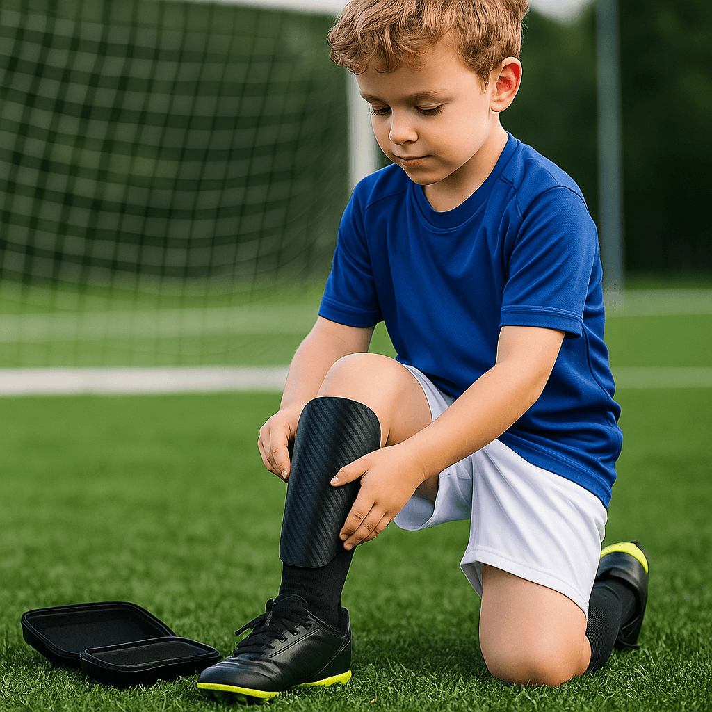 8-year-old boy on a soccer field putting on a carbon fiber shin guard, green grass background, preparing for a match, realistic sports scene