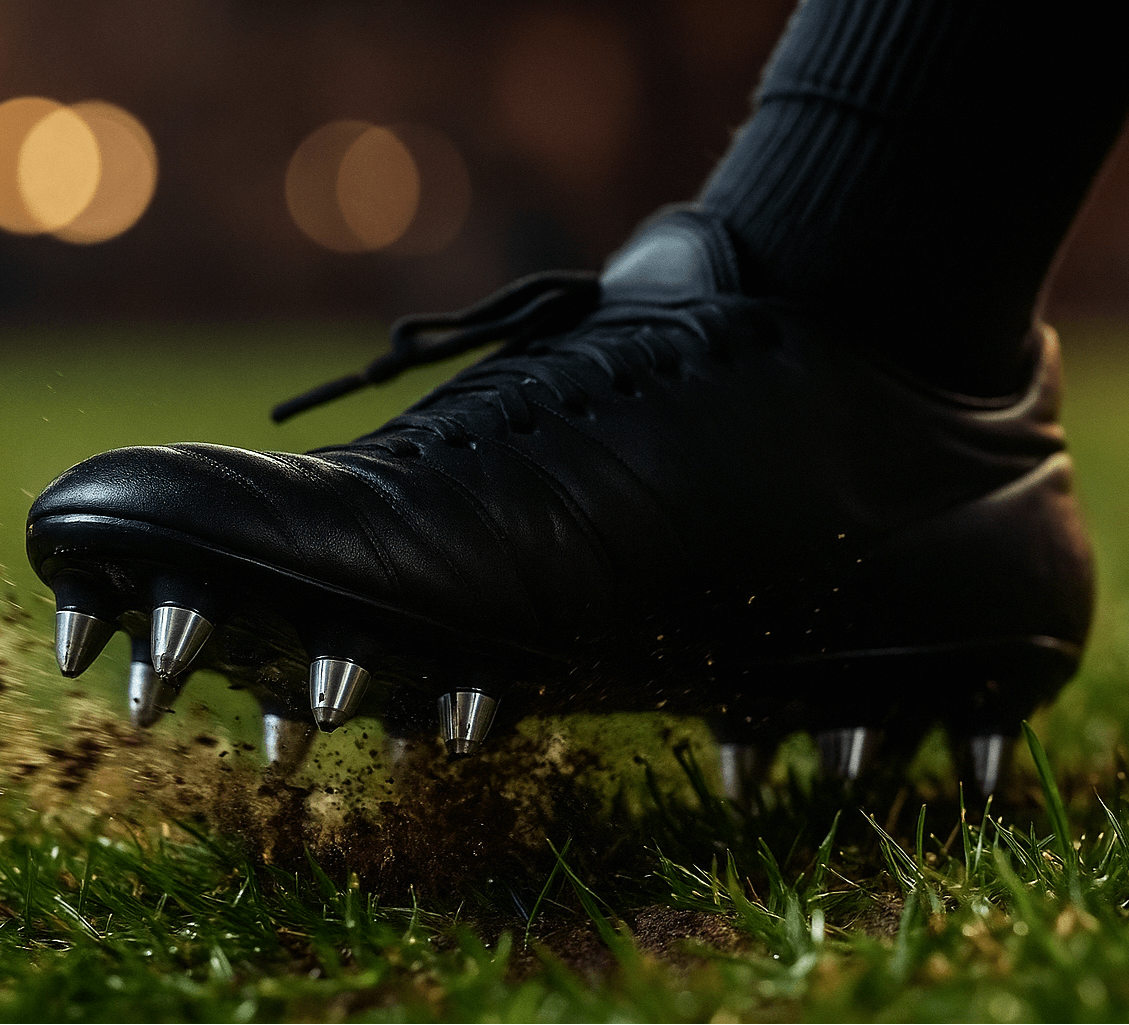 a_soccer_player_s_feet_wearing_black_professional_soft-ground_soccer_cleats_fitted_with_shiny_aluminum_studs