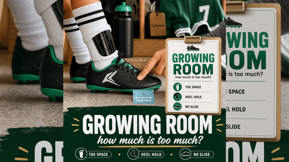 This article helps soccer parents decide how much growing room kids' soccer cleats should have, including toe space, thumb rule, heel slip, midfoot hold, foot sliding, cleat pain, soccer socks, grip socks, and when to size up youth soccer cleats.