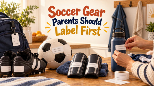 Labeled youth soccer gear arranged before a child's first practice.