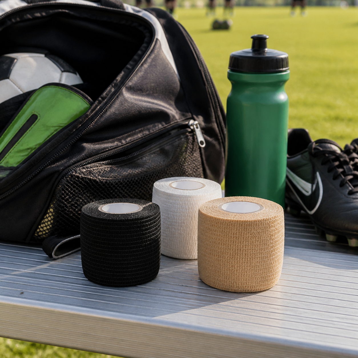 Kickaroo athletic tape rolls in a youth soccer sideline bag setup