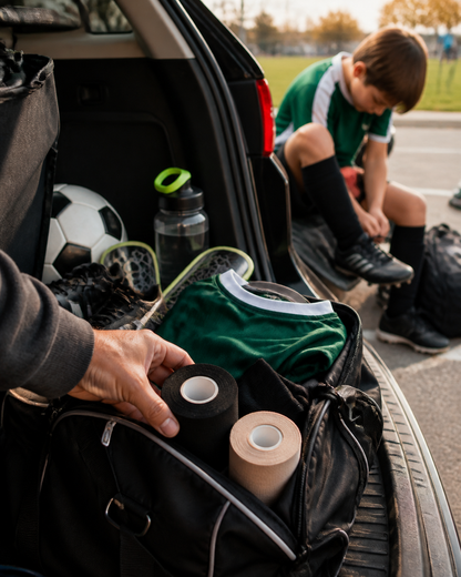 Parent packing Kickaroo athletic tape into a youth soccer bag