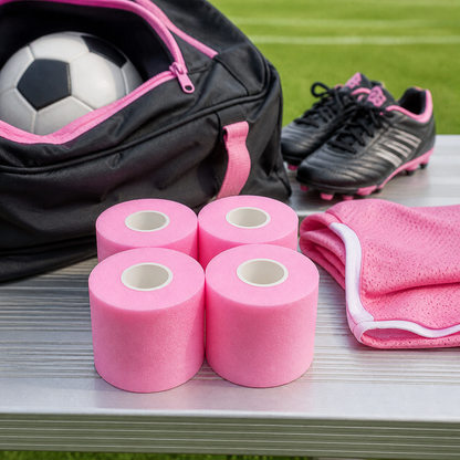 Four light pink Kickaroo soccer pre-wrap rolls on a youth soccer sideline bench